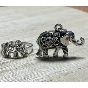 Silver Tone Rhinestone Elephant Pendant And A Silver 925 Ring Trunks Up